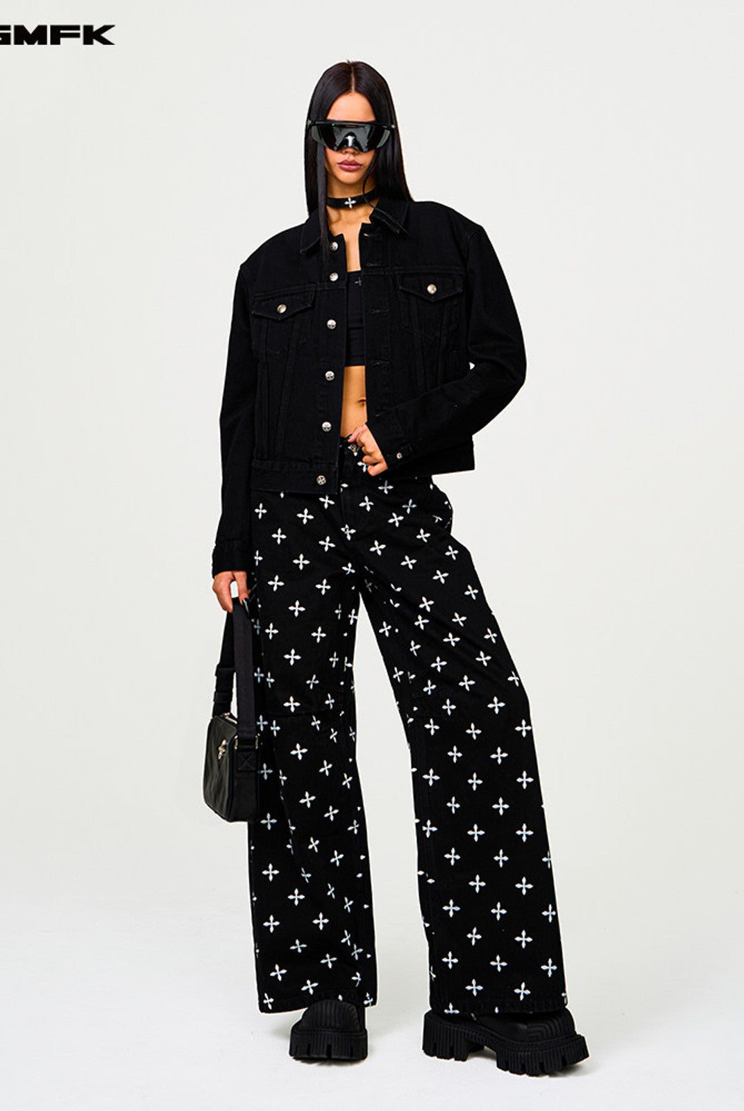 SMFK All Over Print Wide Leg Jeans in Black - On Female Model