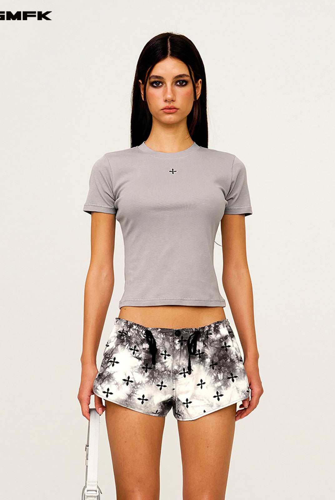 SMFK Embroidered Cross Crewneck Tee in Gray - On Female Model