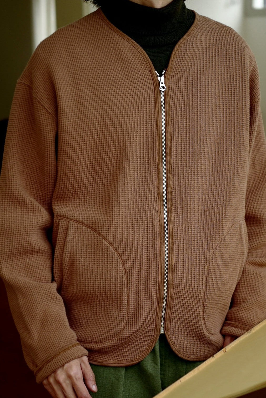 USAGE Heavyweight Waffle Knit Zip Cardigan in Beige - On Male Model