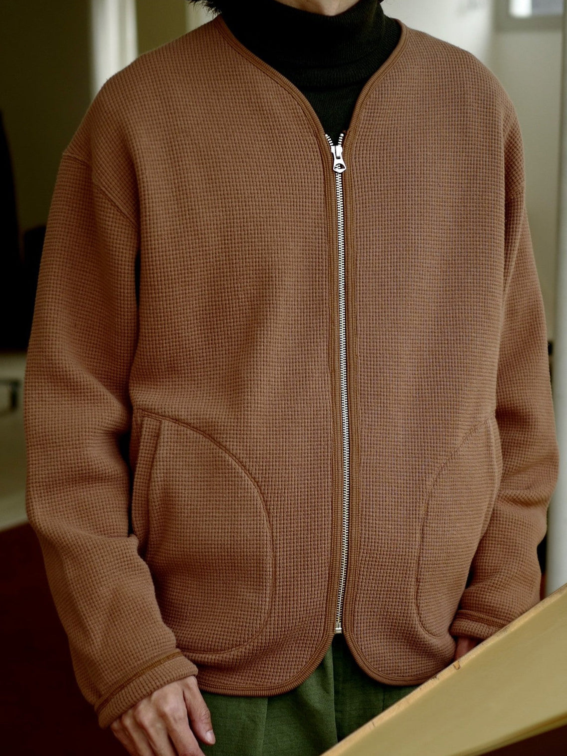 USAGE Heavyweight Waffle Knit Zip Cardigan in Beige - On Male Model
