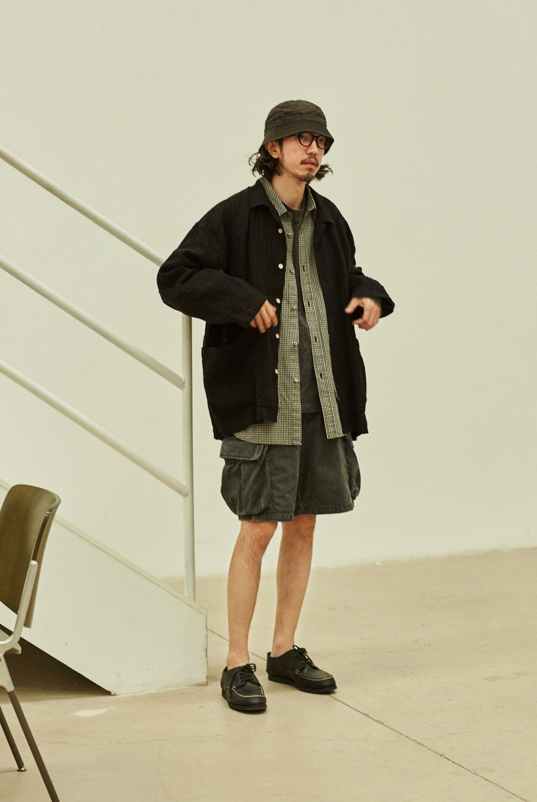 USAGE Textured Cotton Ramie Work Shirt in Black - On Male Model