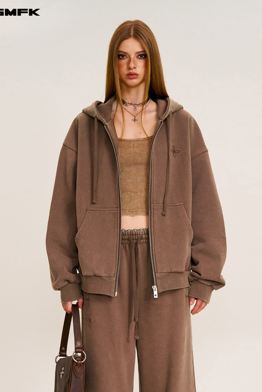 SMFK Cross Embroidered Cotton Zip Up Hoodie in Brown - On Female Model
