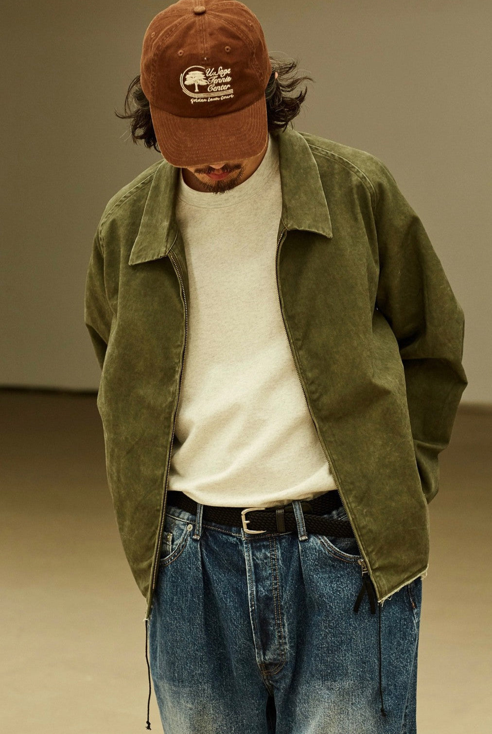 USAGE Vintage Washed Cotton Sports Jacket in Olive - On Male Model
