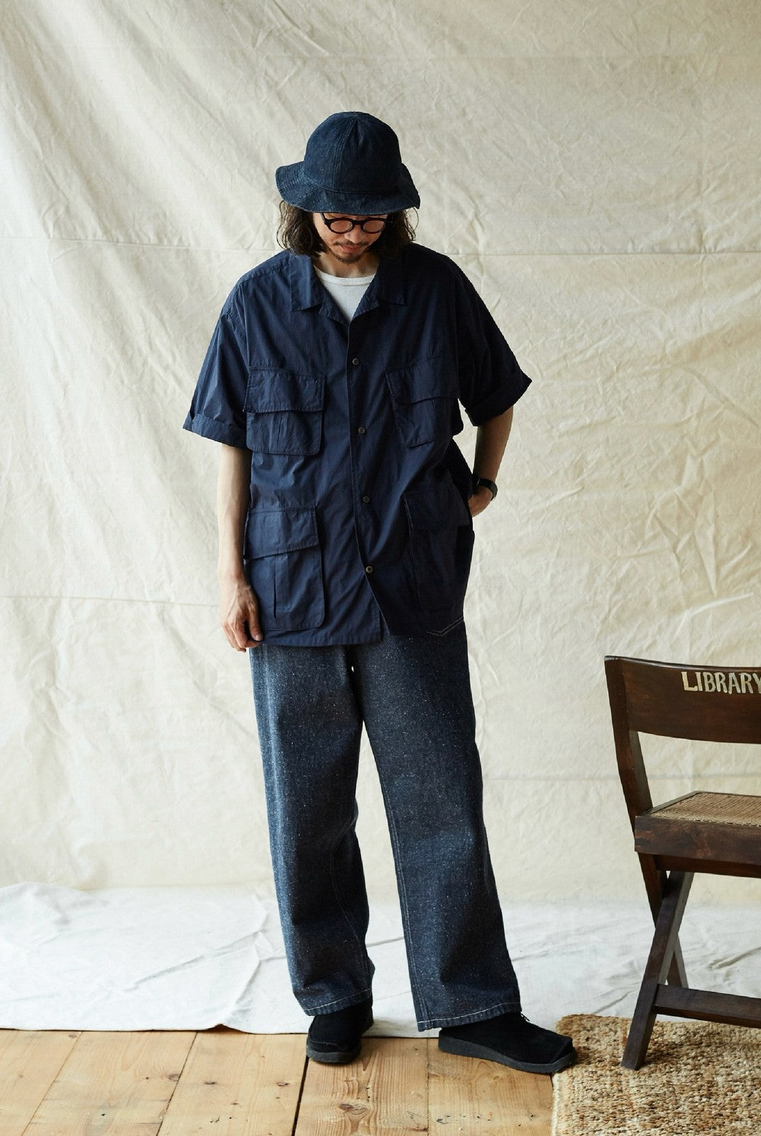 USAGE Vintage Neppy Cotton Straight Leg Jeans in Navy Blue - On Male Model