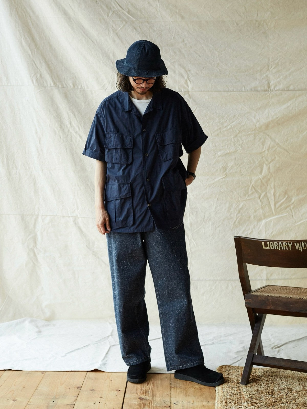 USAGE Vintage Neppy Cotton Straight Leg Jeans in Navy Blue - On Male Model
