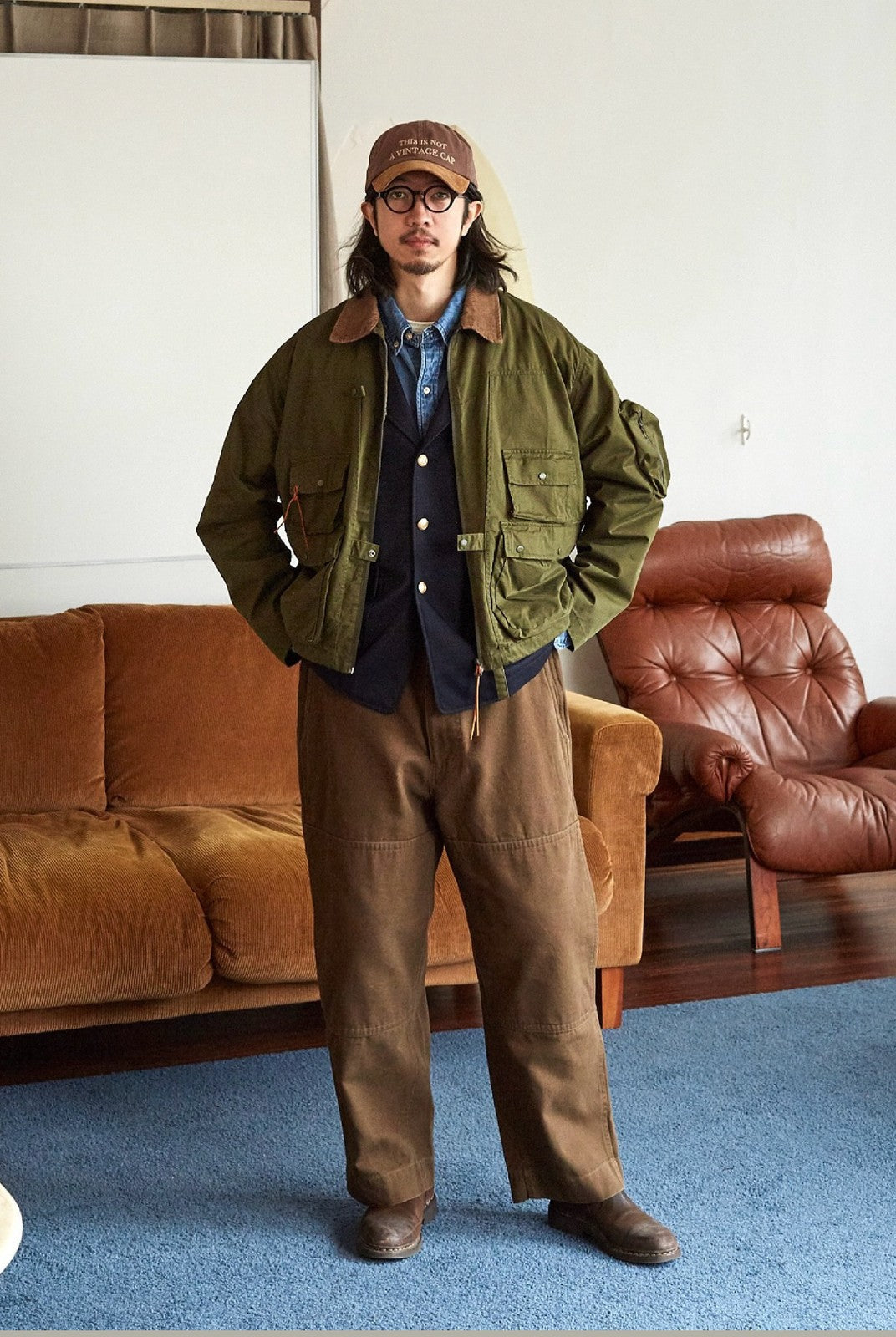 USAGE Corduroy Collar Cotton Fishing Jacket in Olive - On Male Model