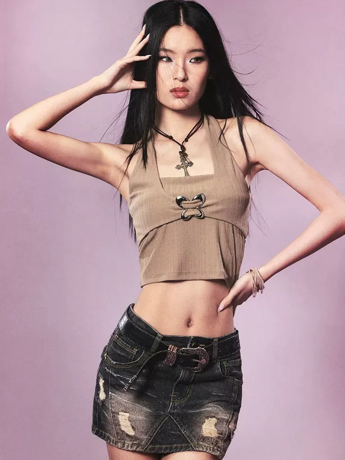 BeerBro Studded Distressed Denim Mini Skirt in Denim - On Female Model