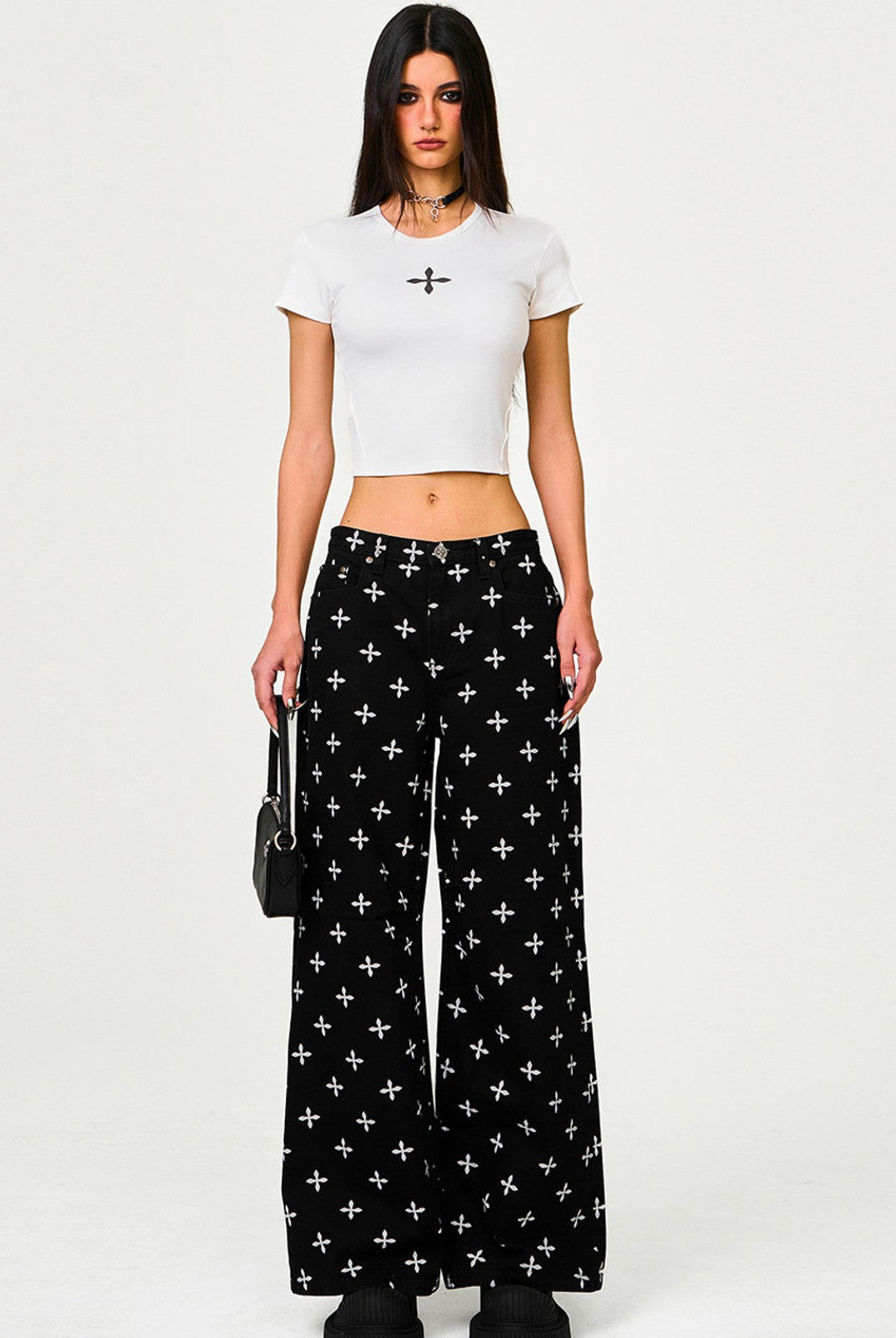 SMFK All Over Print Wide Leg Jeans in Black - On Female Model