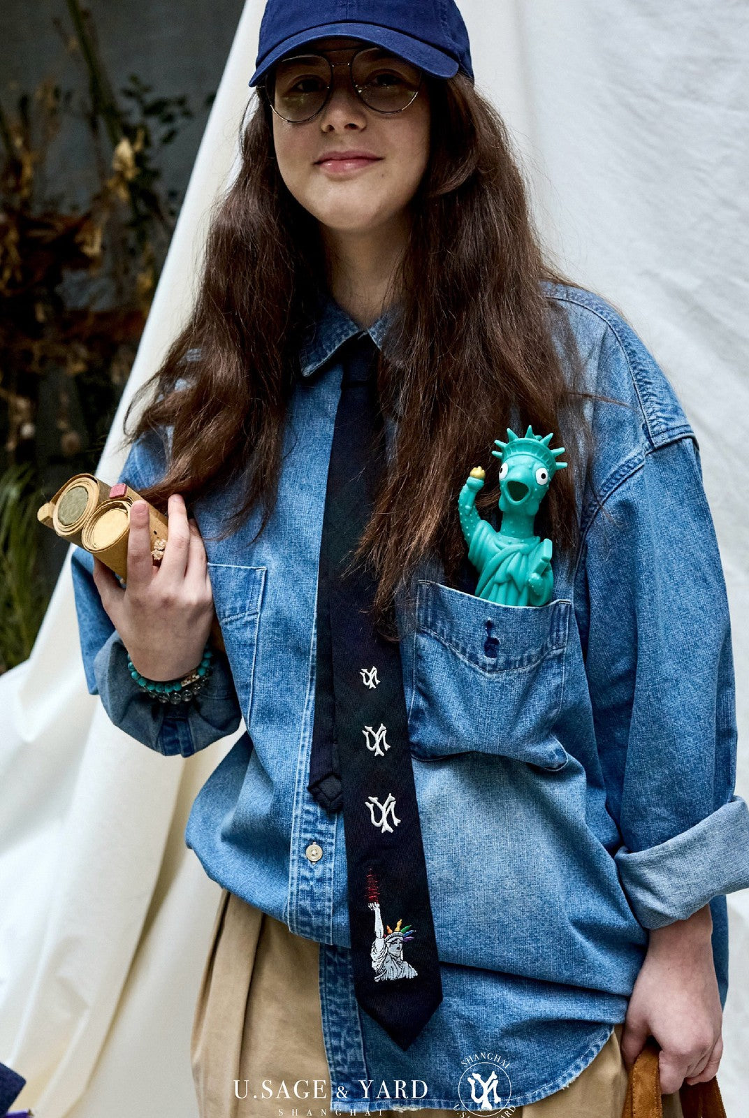 USAGE Washed Distressed Denim Shirt in Denim - On Female Model