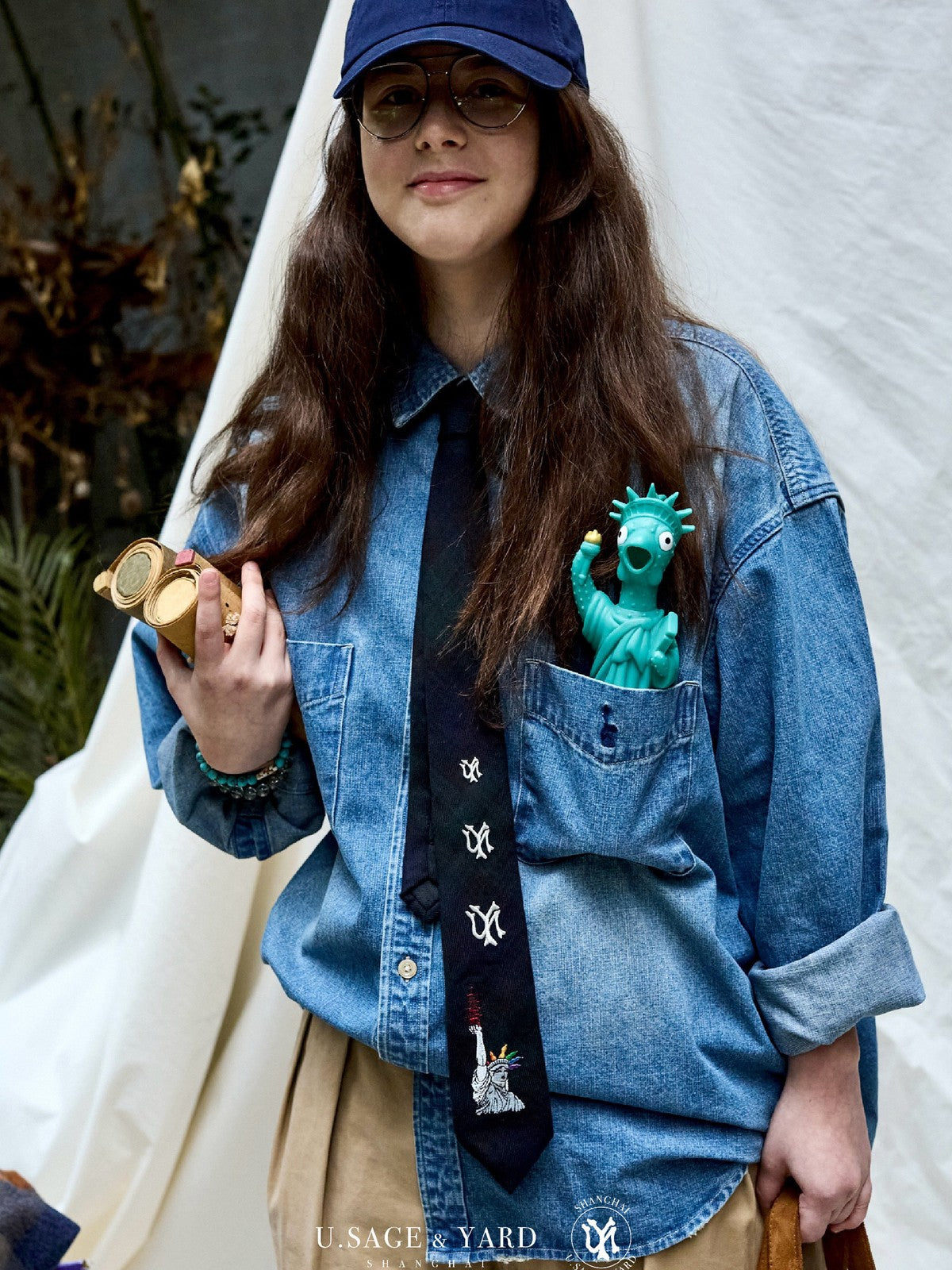 USAGE Washed Distressed Denim Shirt in Denim - On Female Model