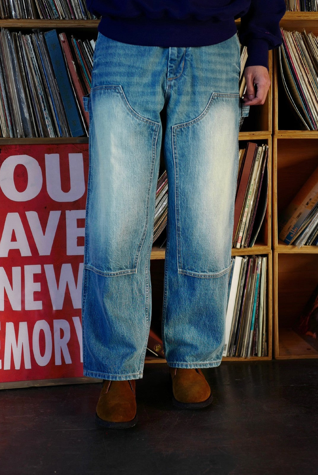 USAGE Washed Denim Double Knee Trousers in Denim - On Model