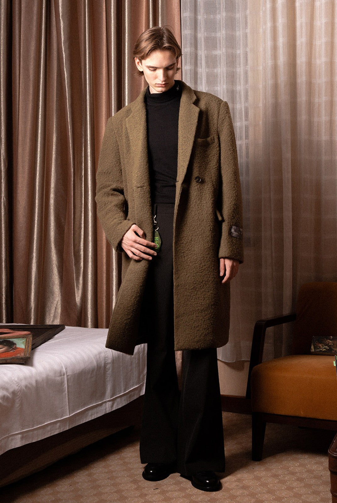 SOD Oversized Double Breasted Wool Blend Coat in Green - On Male Model