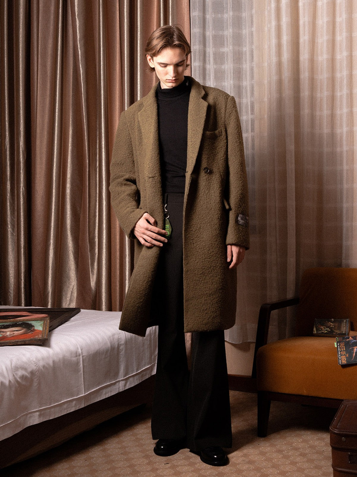 SOD Oversized Double Breasted Wool Blend Coat in Green - On Male Model