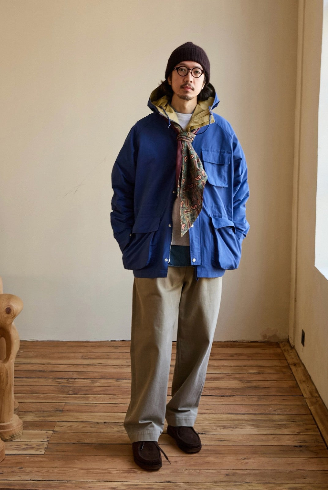 USAGE Cotton Nylon Hooded Mountain Parka in Blue - On Male Model