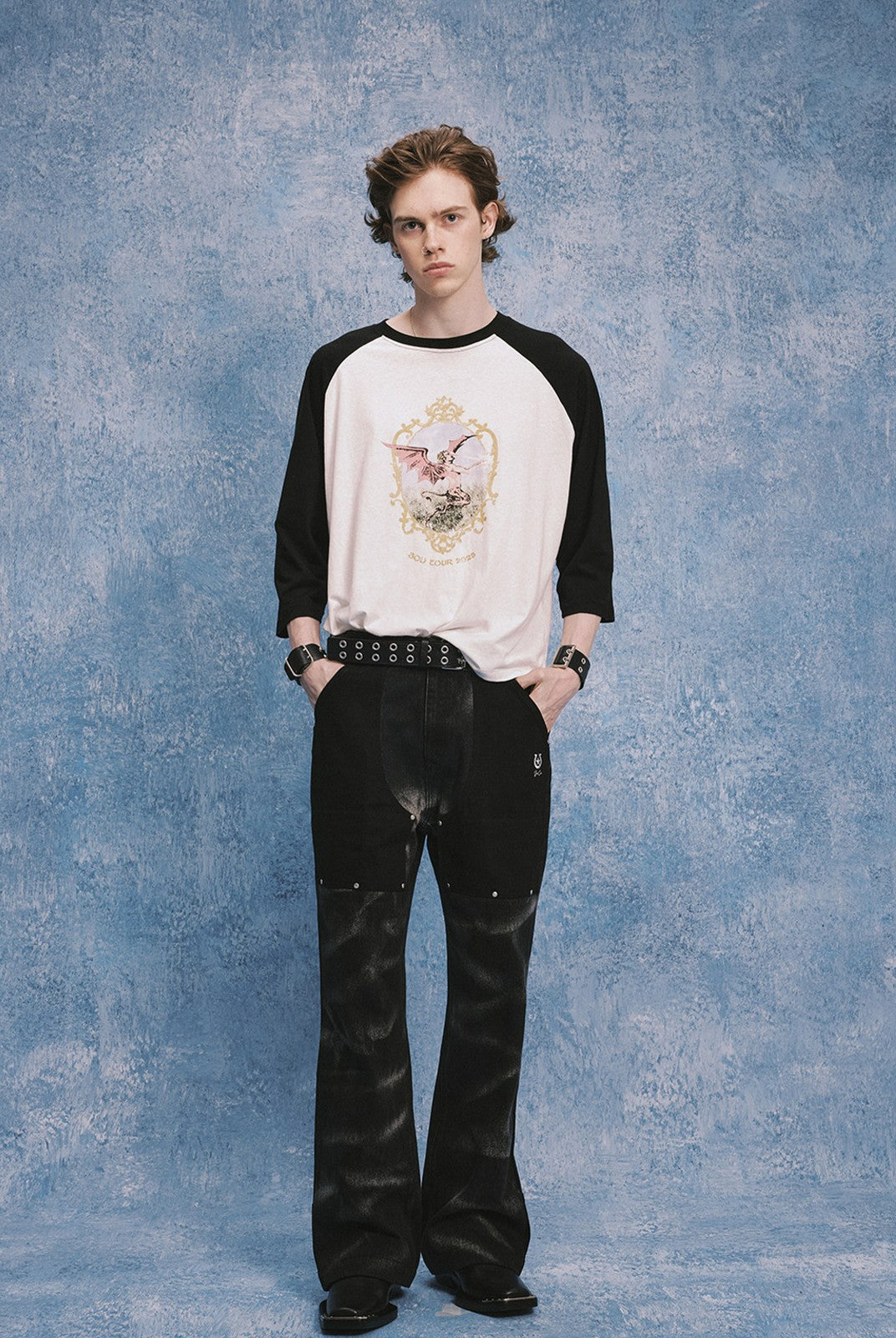 SOD Rivet Panel Micro Flare Jeans in Black - On Male Model