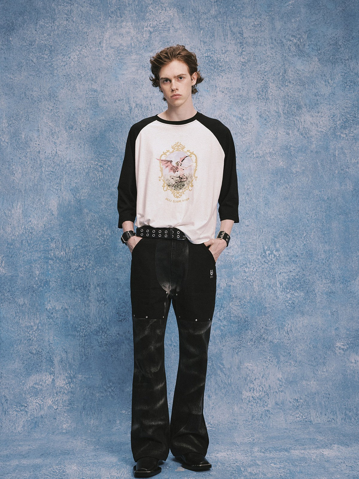 SOD Rivet Panel Micro Flare Jeans in Black - On Male Model