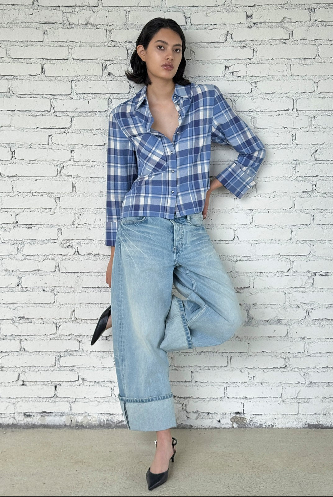 FaxCopyExpress Washed Cotton Gardener Jeans in Blue - On Female Model