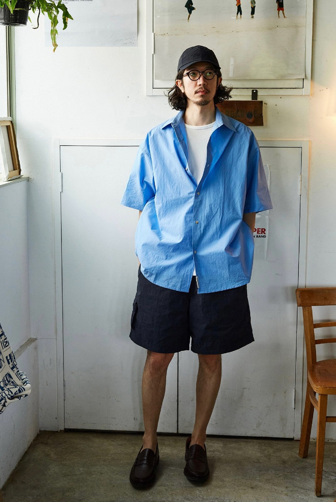 USAGE Cotton Crinkle Short Sleeve Shirt in Blue - On Male Model