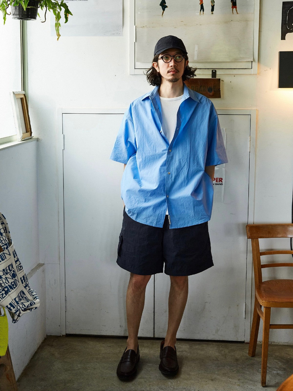 USAGE Cotton Crinkle Short Sleeve Shirt in Blue - On Male Model