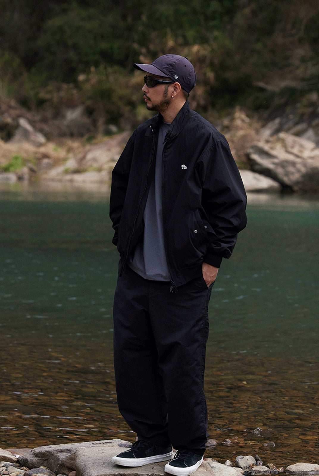 SOD Belted Cotton Nylon Tapered Pants in Black - On Male Model
