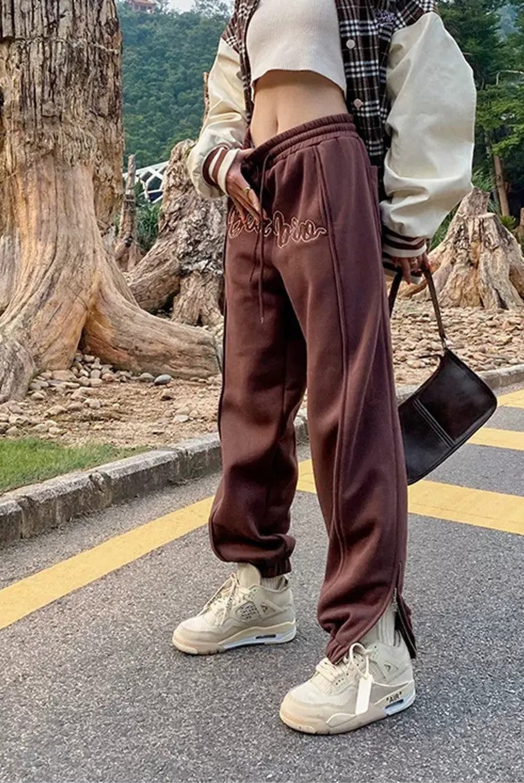 BeerBro Fleece Lined Split Hem Sweatpants in Brown - On Female Model