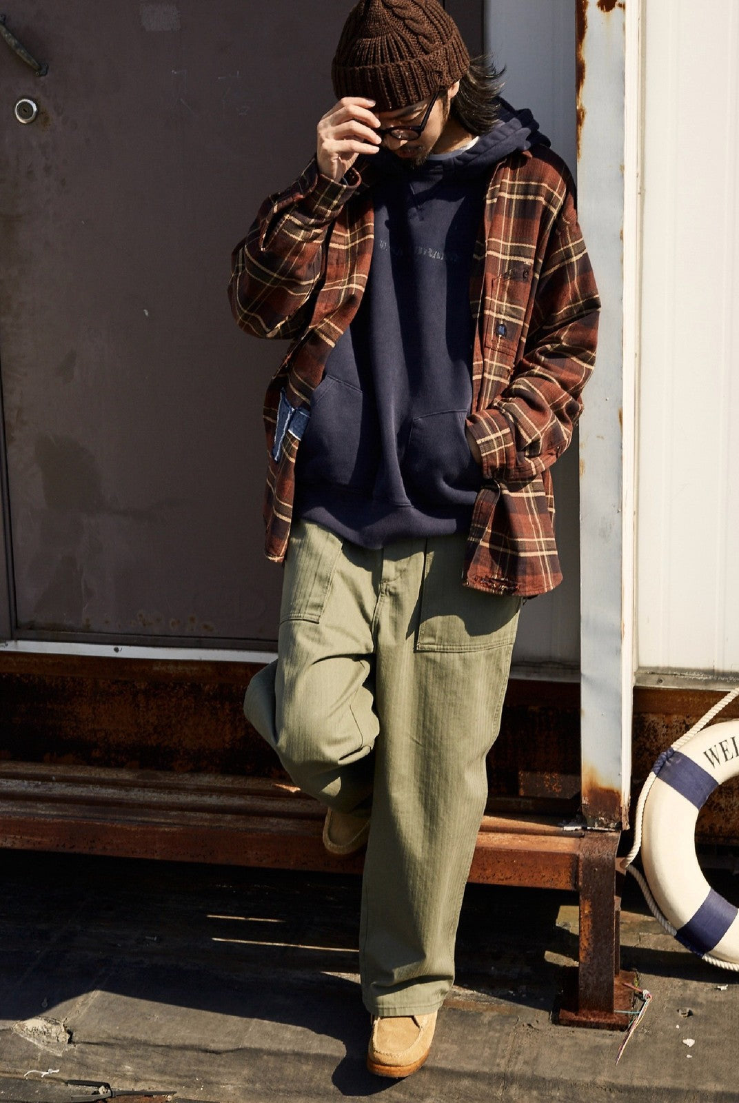 USAGE Heavyweight Herringbone Baker Pants in Olive - On Male Model