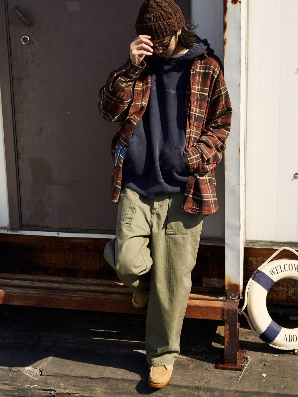 USAGE Heavyweight Herringbone Baker Pants in Olive - On Male Model
