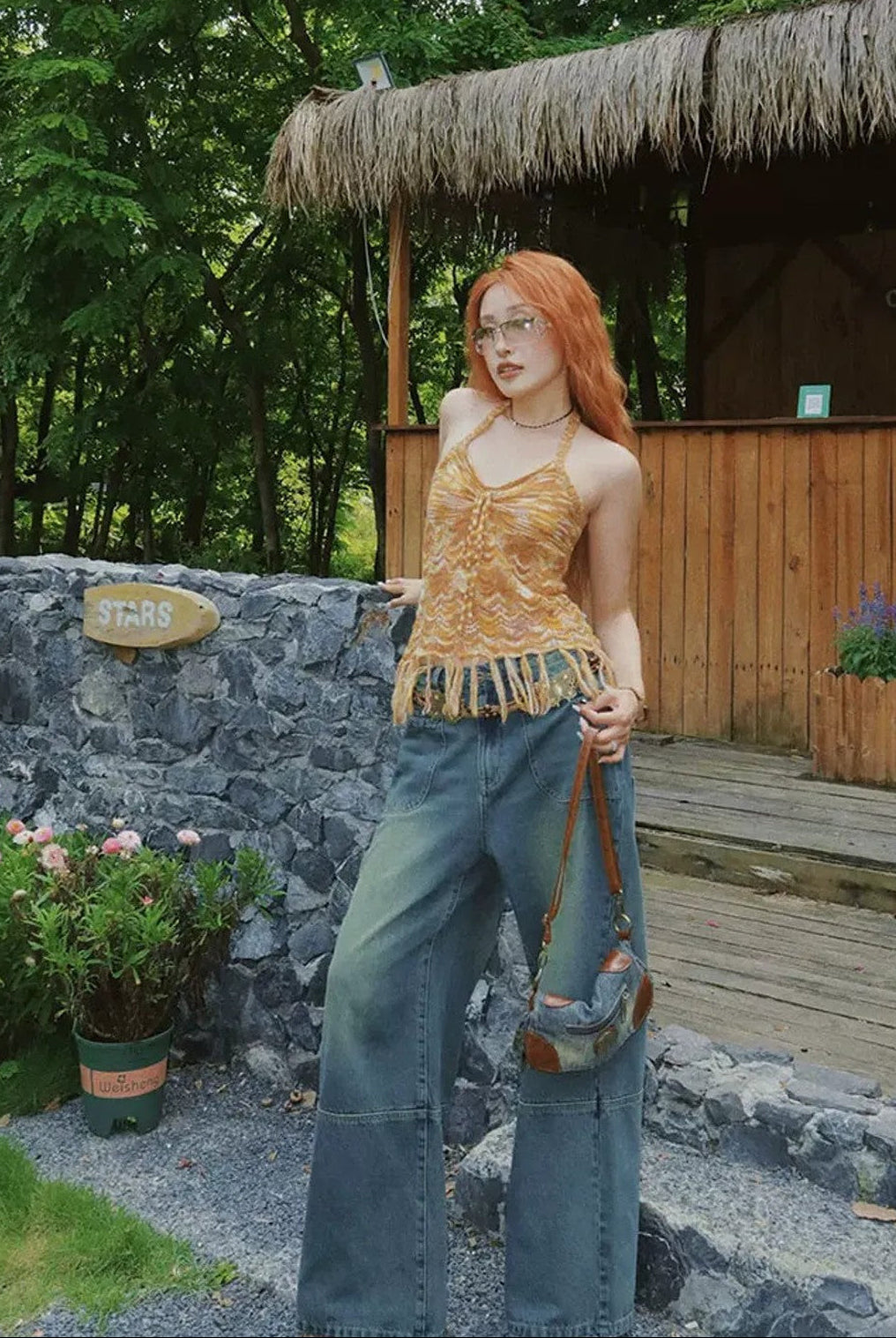 BeerBro Vintage Wash Straight Leg Jeans in Blue - On Female Model