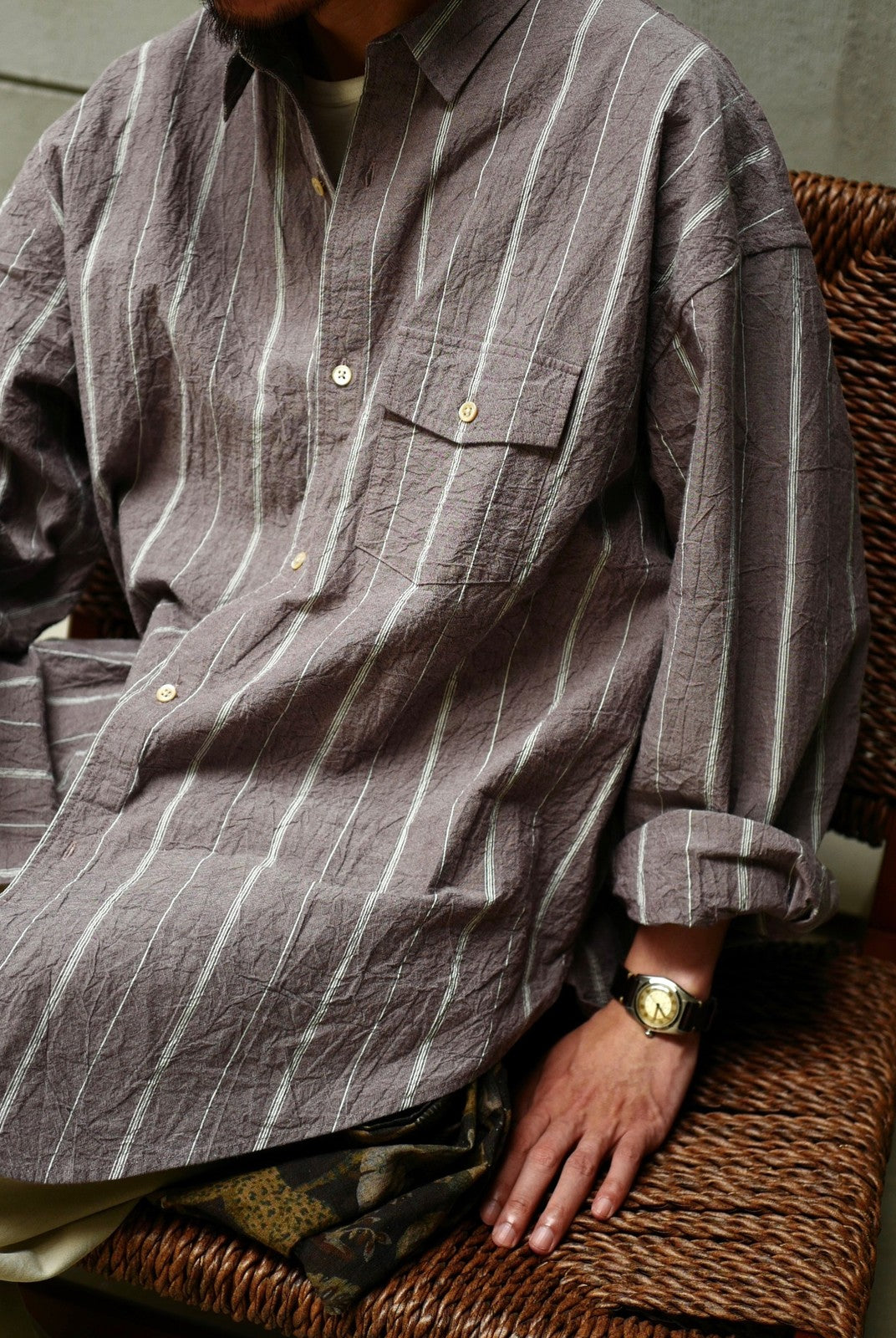 USAGE Crinkled Cotton Striped Button Down in Gray - On Male Model