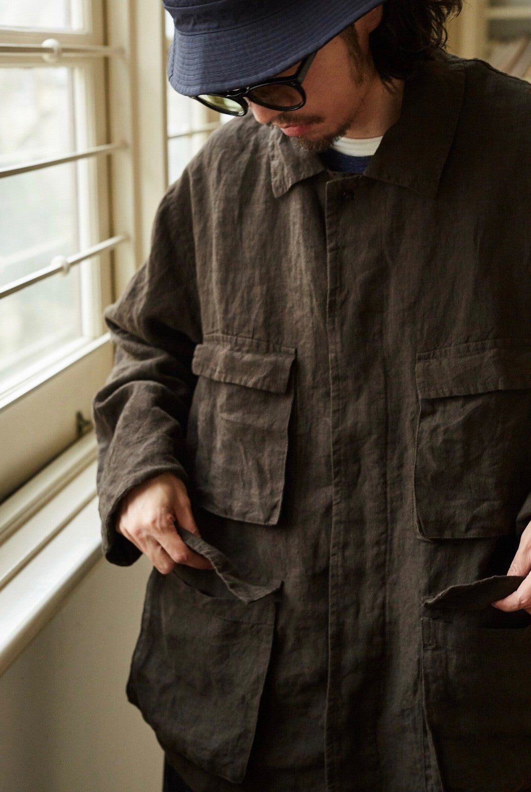 USAGE Linen Four Pocket BDU Jacket in Brown - On Male Model
