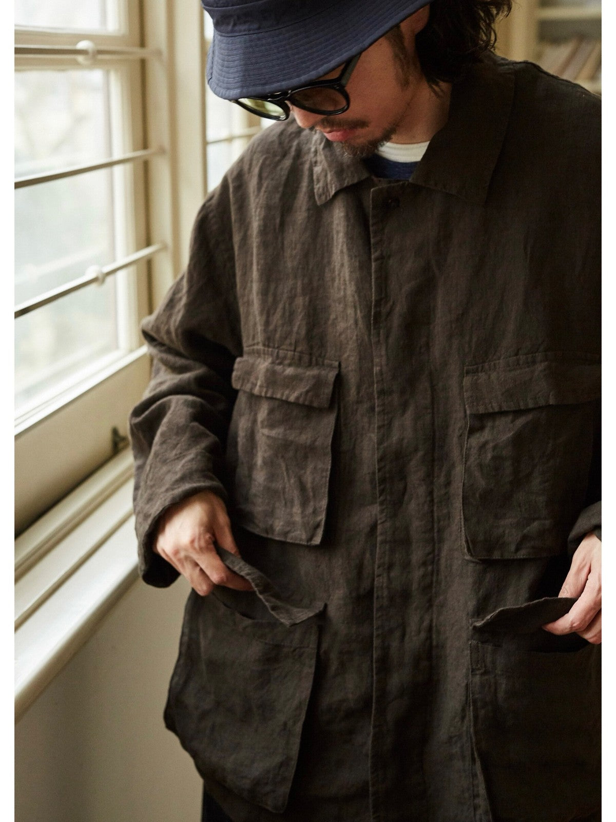 USAGE Linen Four Pocket BDU Jacket in Brown - On Male Model