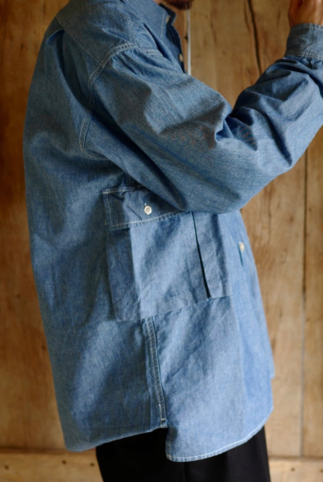 USAGE Cotton Chambray Safari Shirt in Denim - On Male Model