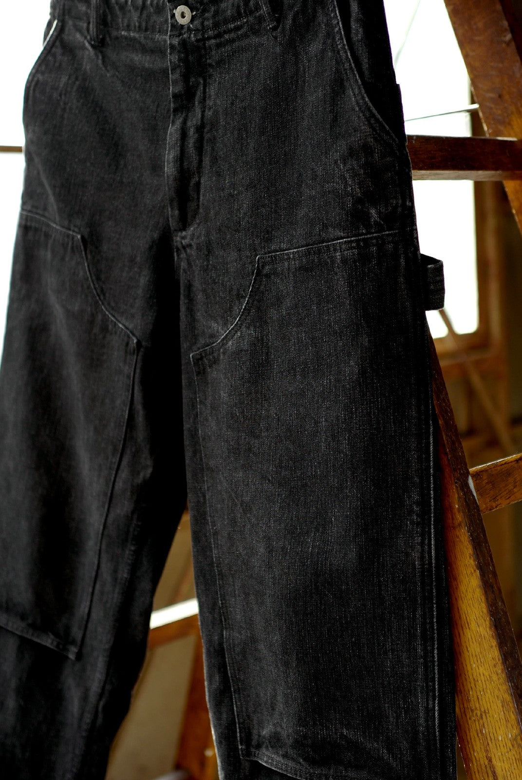 USAGE Washed Denim Double Knee Trousers in Black - Lifestyle