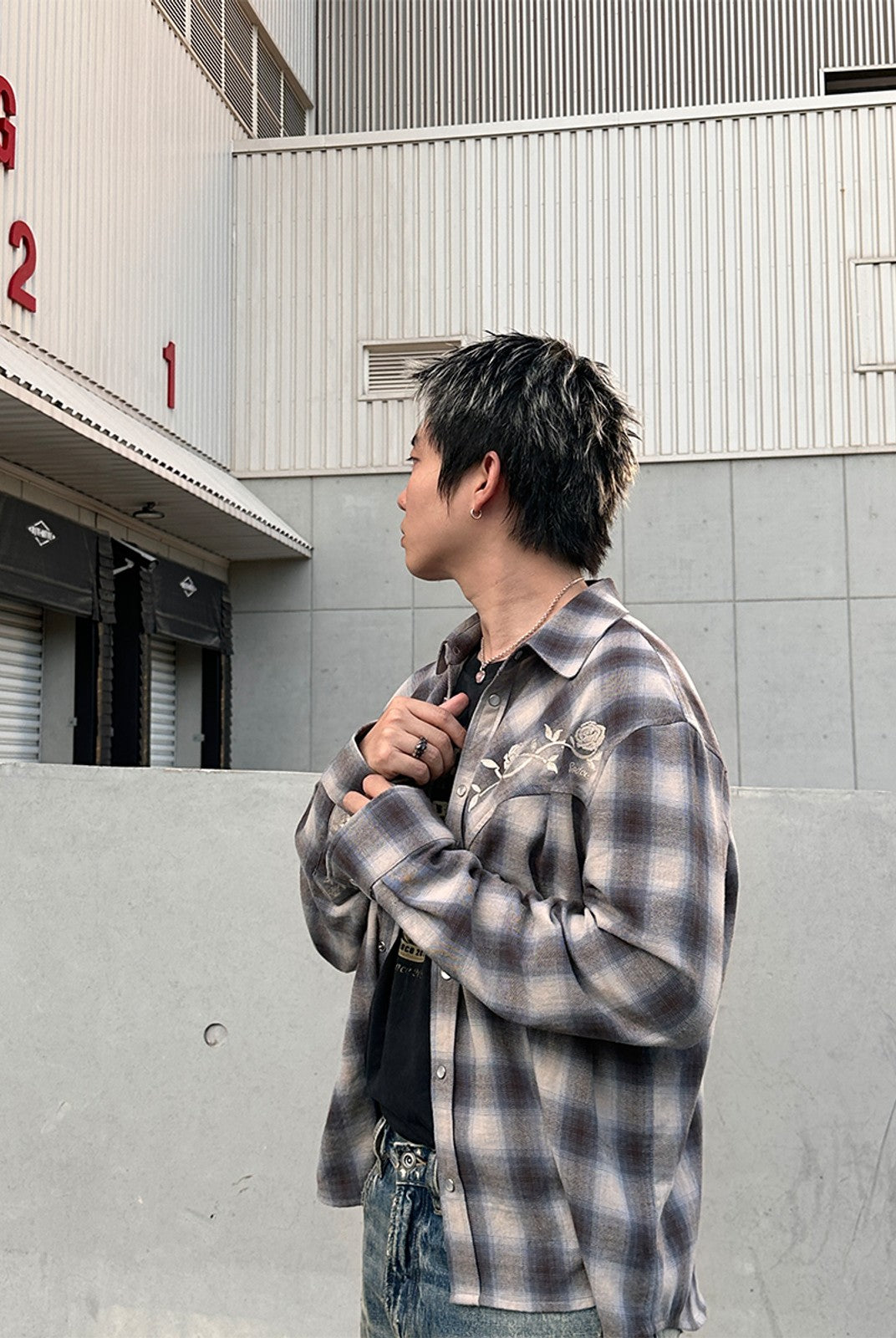 SOD Embroidered Plaid Western Shirt in Gray - On Male Model