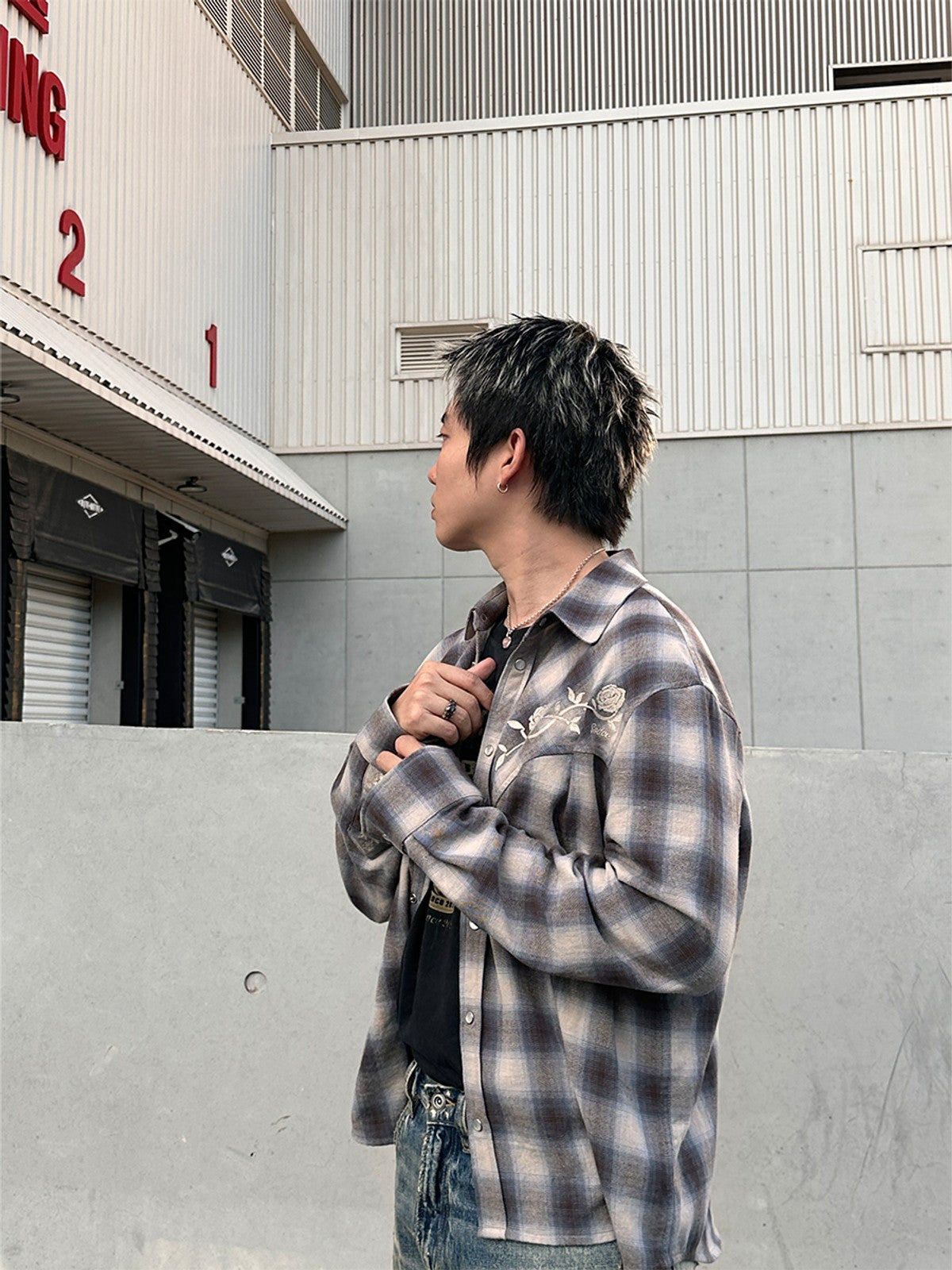 SOD Embroidered Plaid Western Shirt in Gray - On Male Model