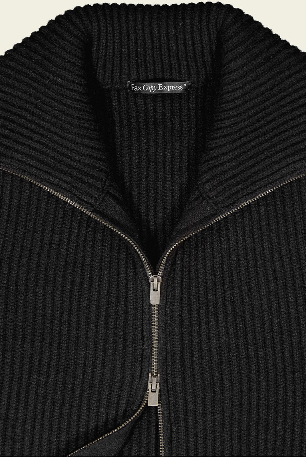 FaxCopyExpress Ribbed Wool Yak Zip Cardigan in Black - Detail