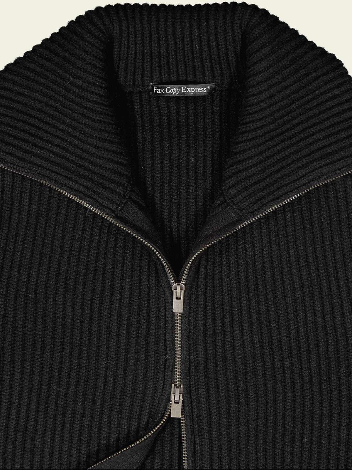 FaxCopyExpress Ribbed Wool Yak Zip Cardigan in Black - Detail