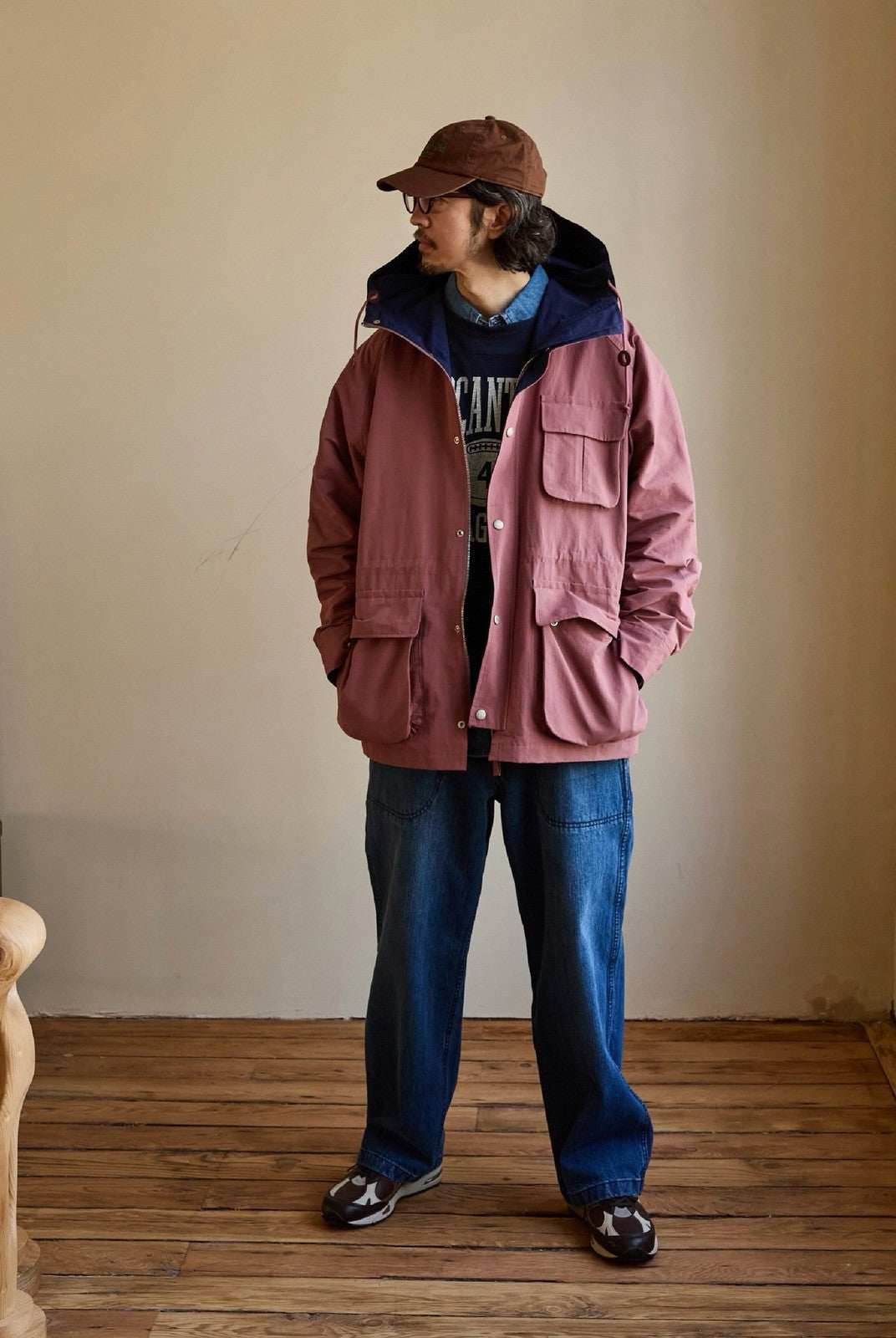 USAGE Cotton Nylon Hooded Mountain Parka in Pink - On Male Model