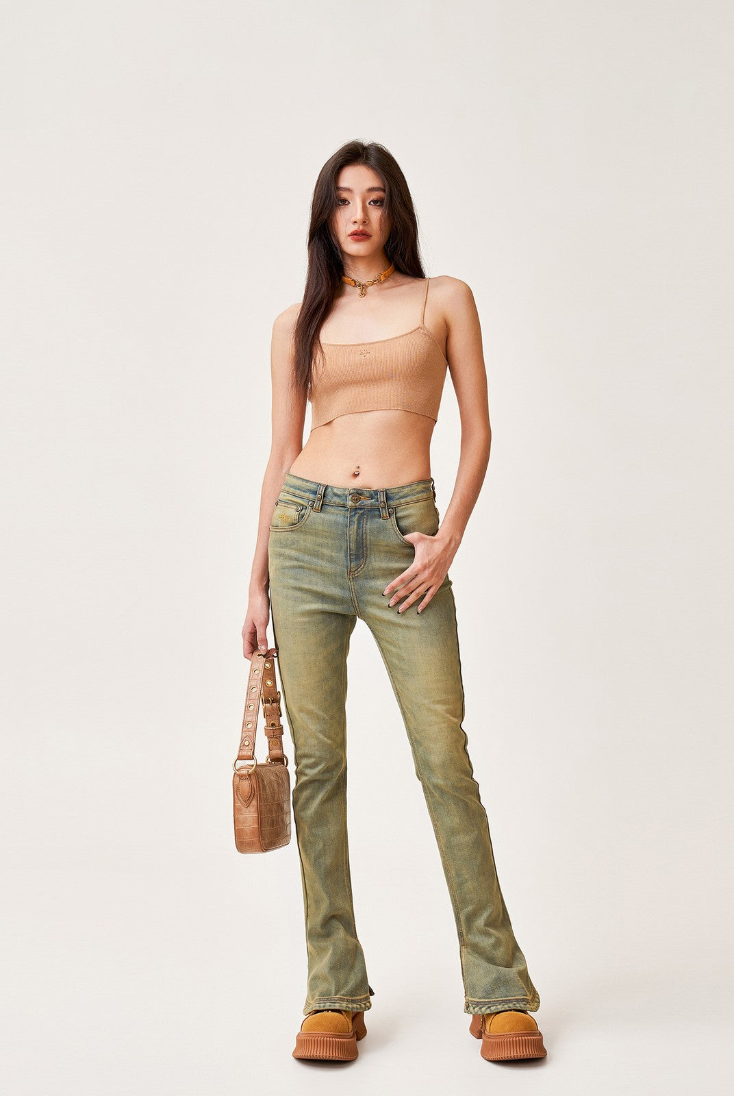 SMFK High Waisted Horseshoe Flare Jeans in Denim - On Female Model