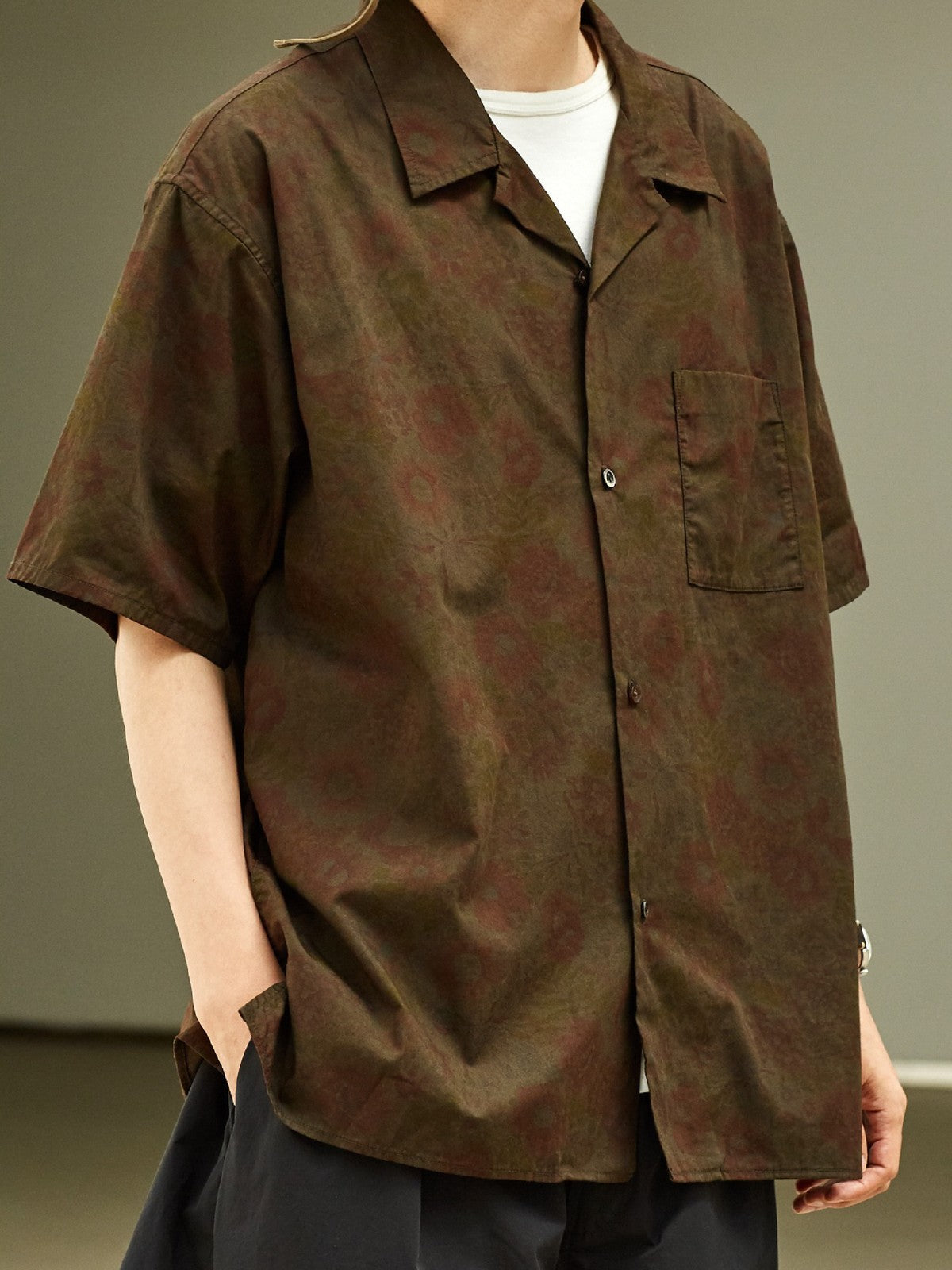 USAGE Floral Japanese Cotton Aloha Shirt in Brown - On Male Model