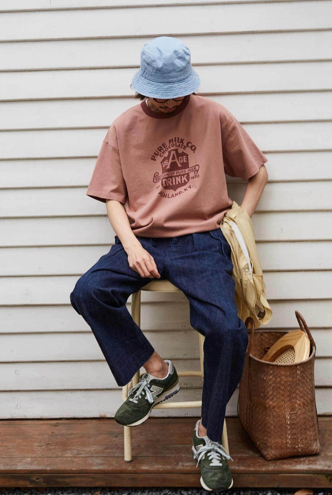 USAGE Graphic Cotton Ringer T Shirt in Pink - On Male Model