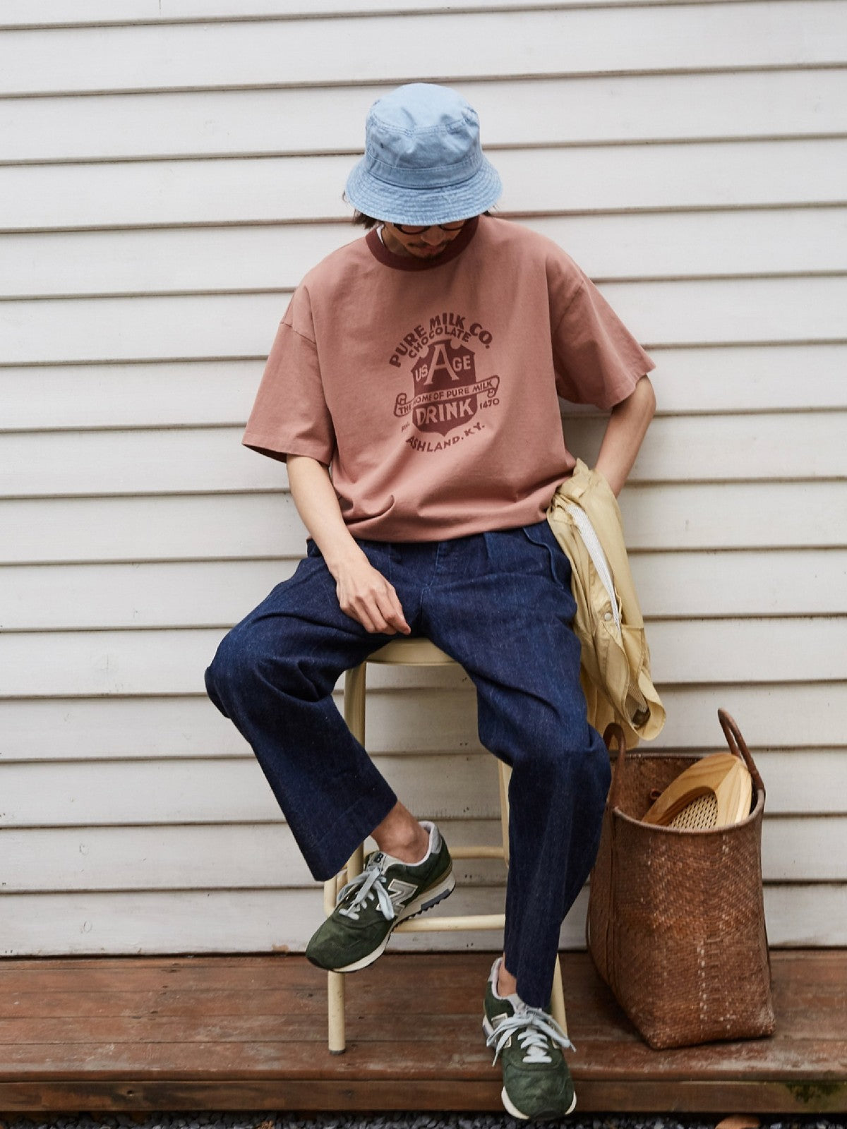 USAGE Graphic Cotton Ringer T Shirt in Pink - On Male Model