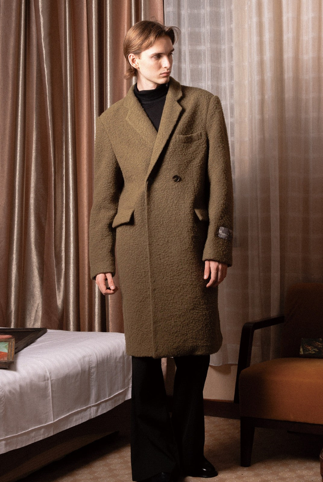 SOD Oversized Double Breasted Wool Blend Coat in Green - On Male Model
