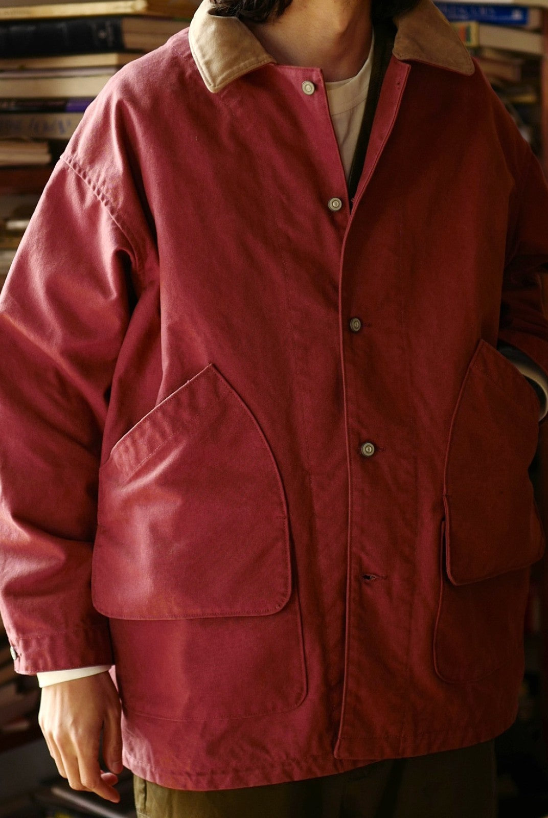USAGE Heavyweight Canvas Hunting Jacket in Burgundy - On Male Model