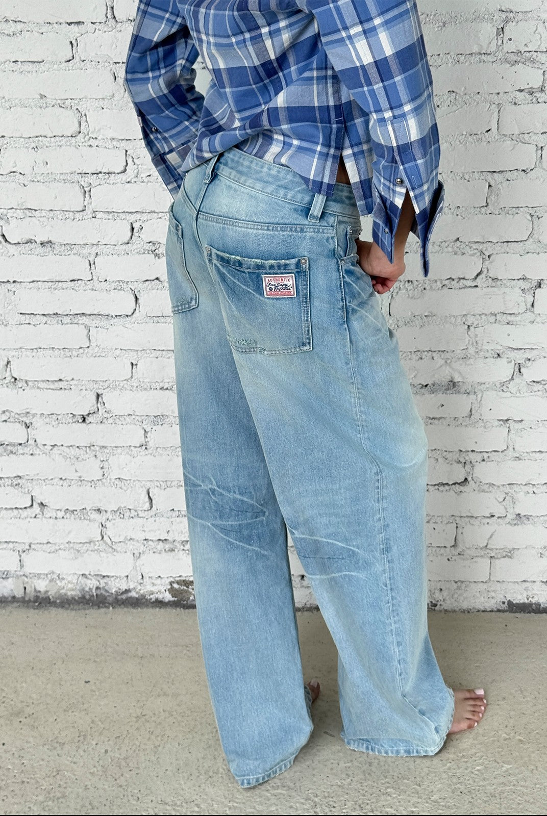 FaxCopyExpress Washed Cotton Gardener Jeans in Blue - On Female Model