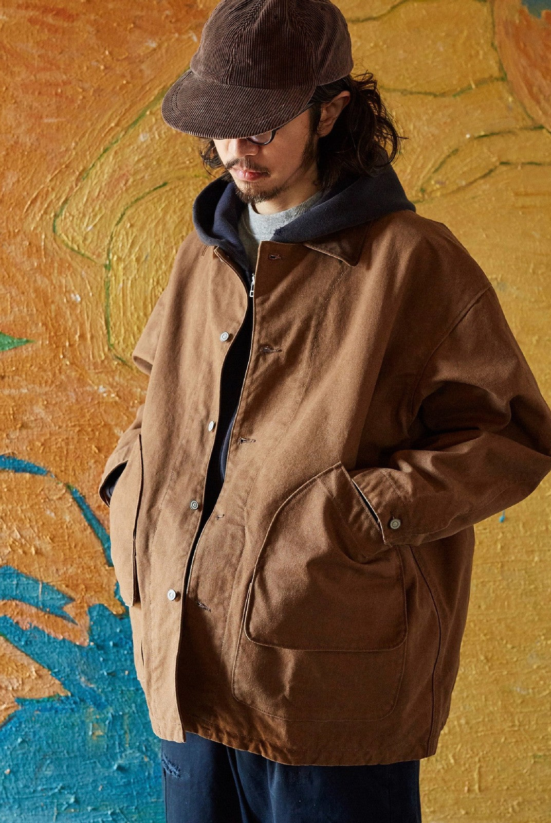 USAGE Heavyweight Canvas Hunting Jacket in Beige - On Male Model