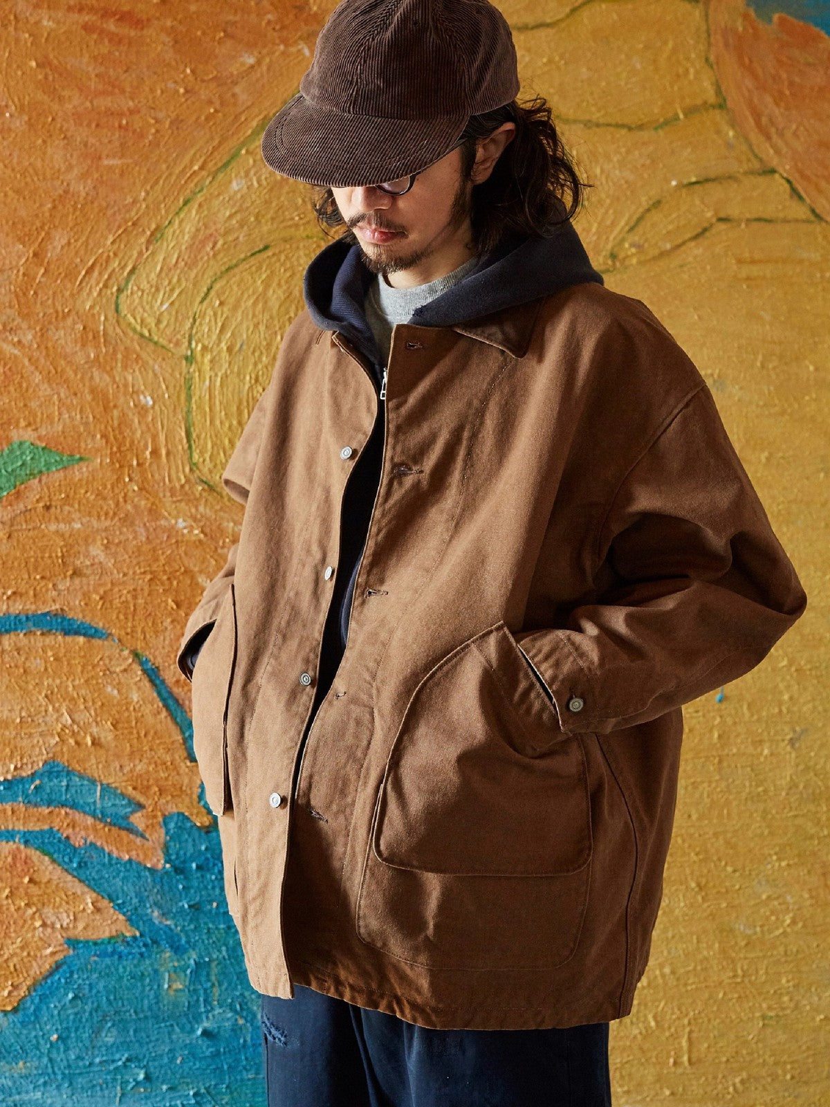 USAGE Heavyweight Canvas Hunting Jacket in Beige - On Male Model