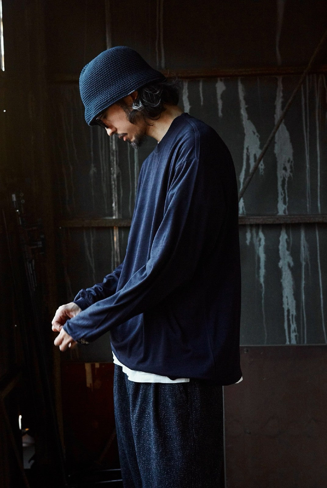 USAGE Merino Wool Blend T Shirt Set in Navy Blue - On Male Model