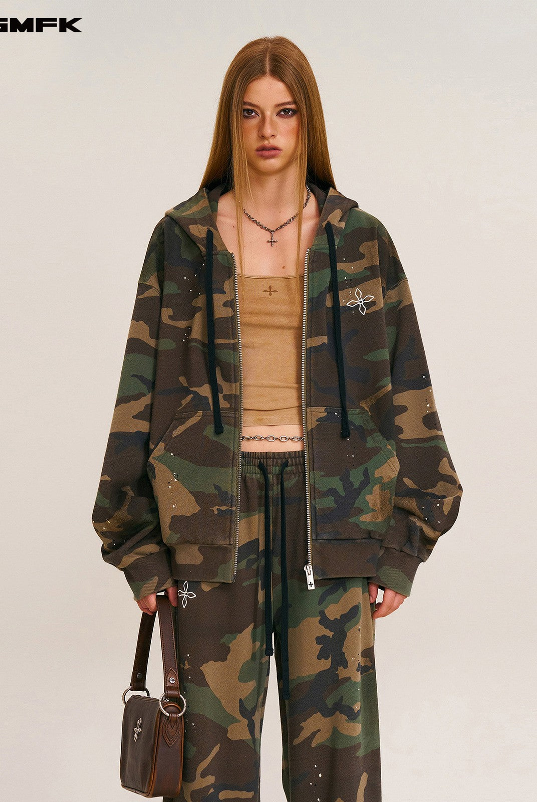 SMFK Cross Embroidered Cotton Zip Up Hoodie in Green - On Female Model