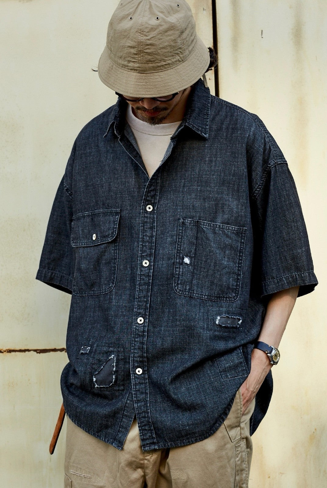 USAGE Distressed Short Sleeve Denim Shirt in Gray - On Male Model